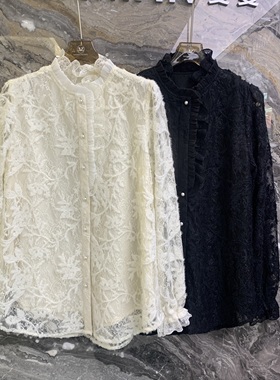 欧洲站2025冬季新款花边立领蕾丝拼接提花时尚百搭长袖衬衫266006