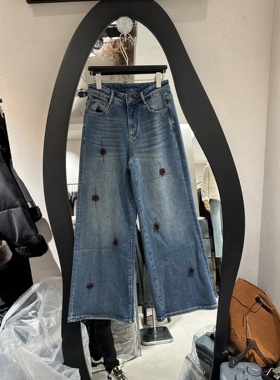 欧洲站2025冬季新款重工花朵刺绣宽松显瘦加厚直筒阔腿裤女33623