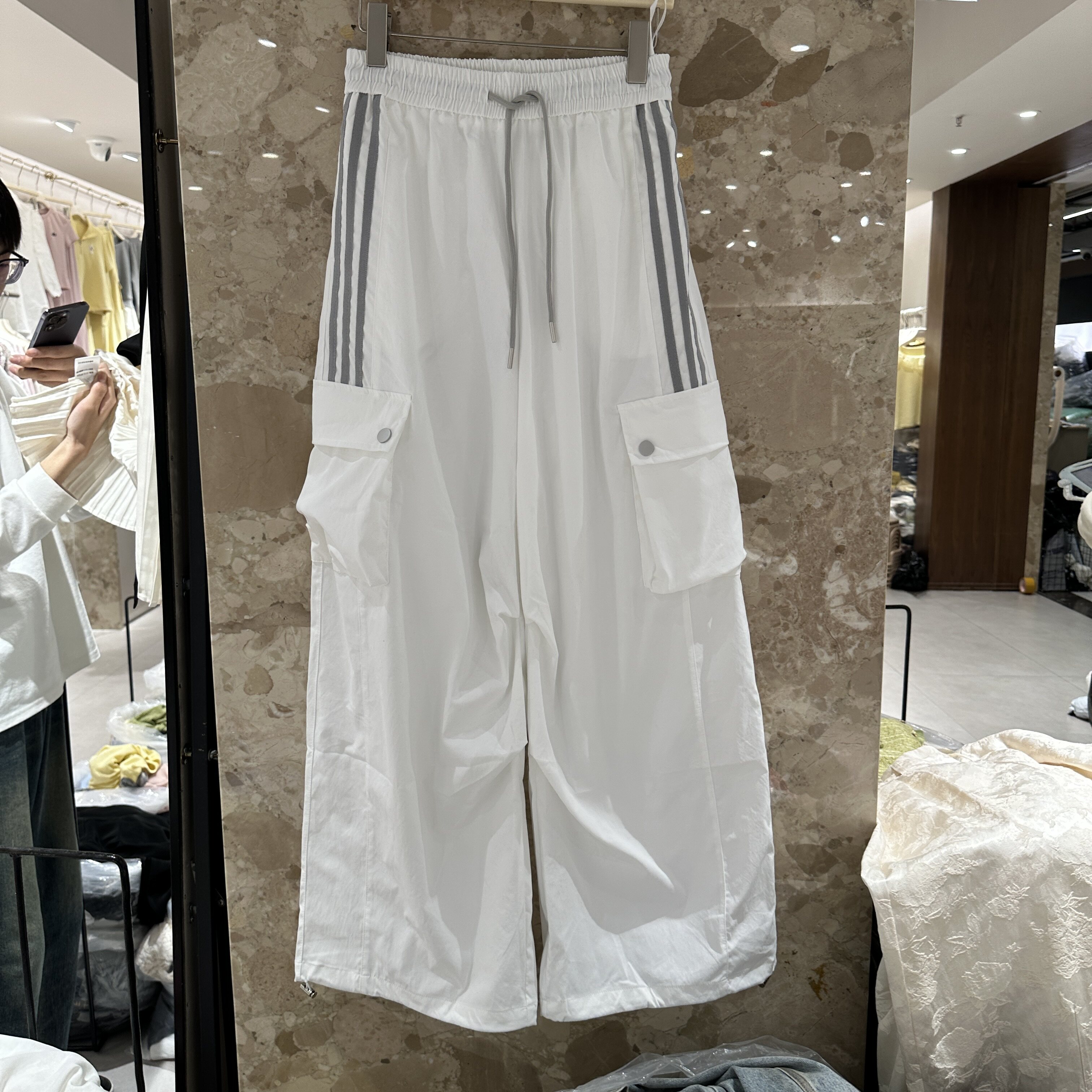 欧洲站2026夏季新款松紧高腰竖条纹织带百搭薄款直筒工装裤女0310