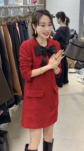 欧洲站2025冬季新款圆领蝴蝶结拼接自然收腰显瘦小香风连衣裙女士