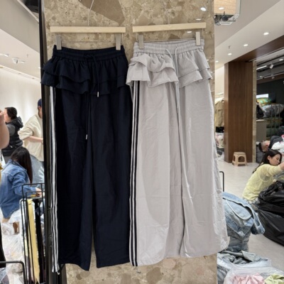 欧洲站2026春季新款松紧高腰抽绳荷叶边设计显瘦洋气薄款长裤0267