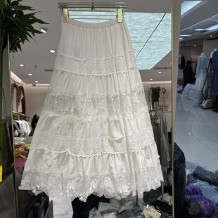 欧洲站2026春季新款松紧高腰蕾丝绣花百搭甜美淑女风白色网纱半裙