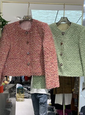 欧洲站2025秋季新款圆领单排扣亮片设计气质百搭小香风外套33019