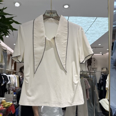 欧洲站2026春季新款洋气尖尖领绑带百搭减龄时尚套头款短袖17133