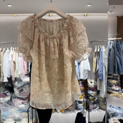 欧洲站2026春夏新款时尚一字肩荷叶边腰果花衬衫女法式小衫8893