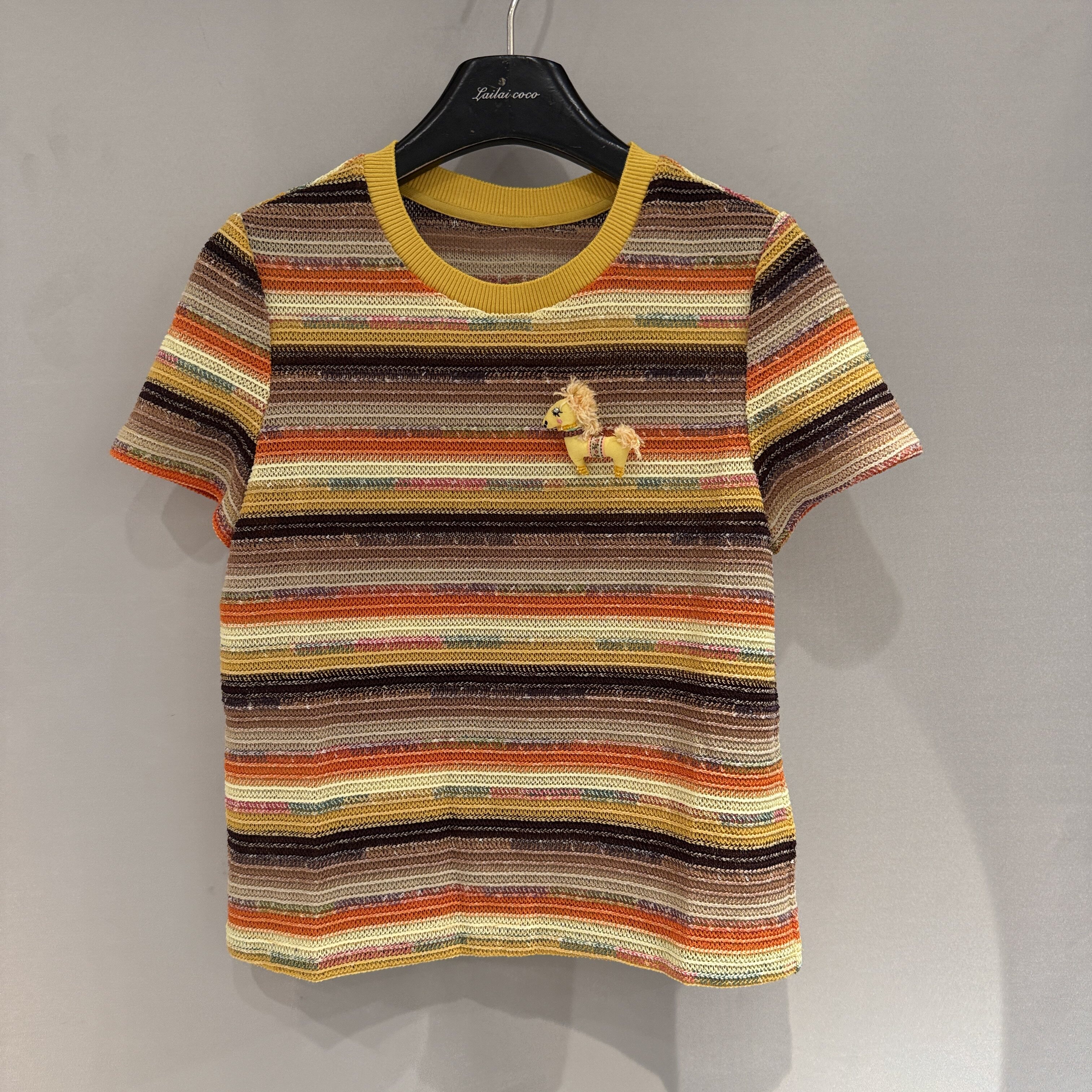 欧洲站2026春款撞色彩虹条纹绣花卡通小个子好看减龄短袖2611203
