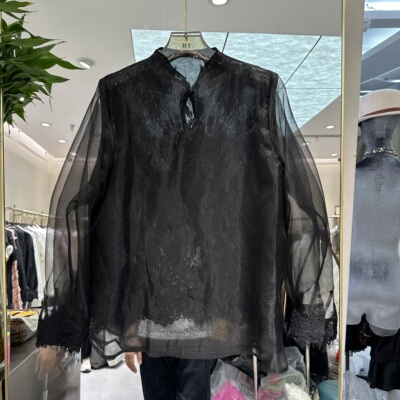 欧洲站2026春季新款立领镂空拼花边百搭微透娃娃款黑色衬衫A12701