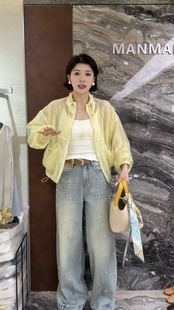 欧洲站2026春夏新款 蕾丝内衬微透领口抽绳百搭轻薄女士纱衣外套潮