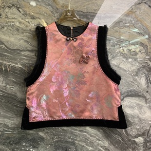 欧洲站2025秋季 圆领水貂毛拼接百搭高级感女士国风马甲潮5522 新款