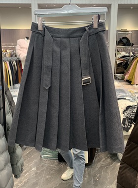 欧洲站2025冬季新款高腰腰带时尚百搭压褶显瘦女士半身裙潮80270
