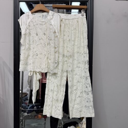 欧洲站2026夏季新款欧货双排扣马甲阔腿休闲裤蕾丝钩花套装女857M
