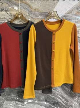 欧洲站2025秋冬新款圆领排扣小众拼色高级感长袖加绒打底衫62244