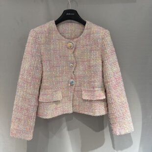 Xiu+春季2026新款圆领绣花设计小个子粉色短款粗花呢外套女89160