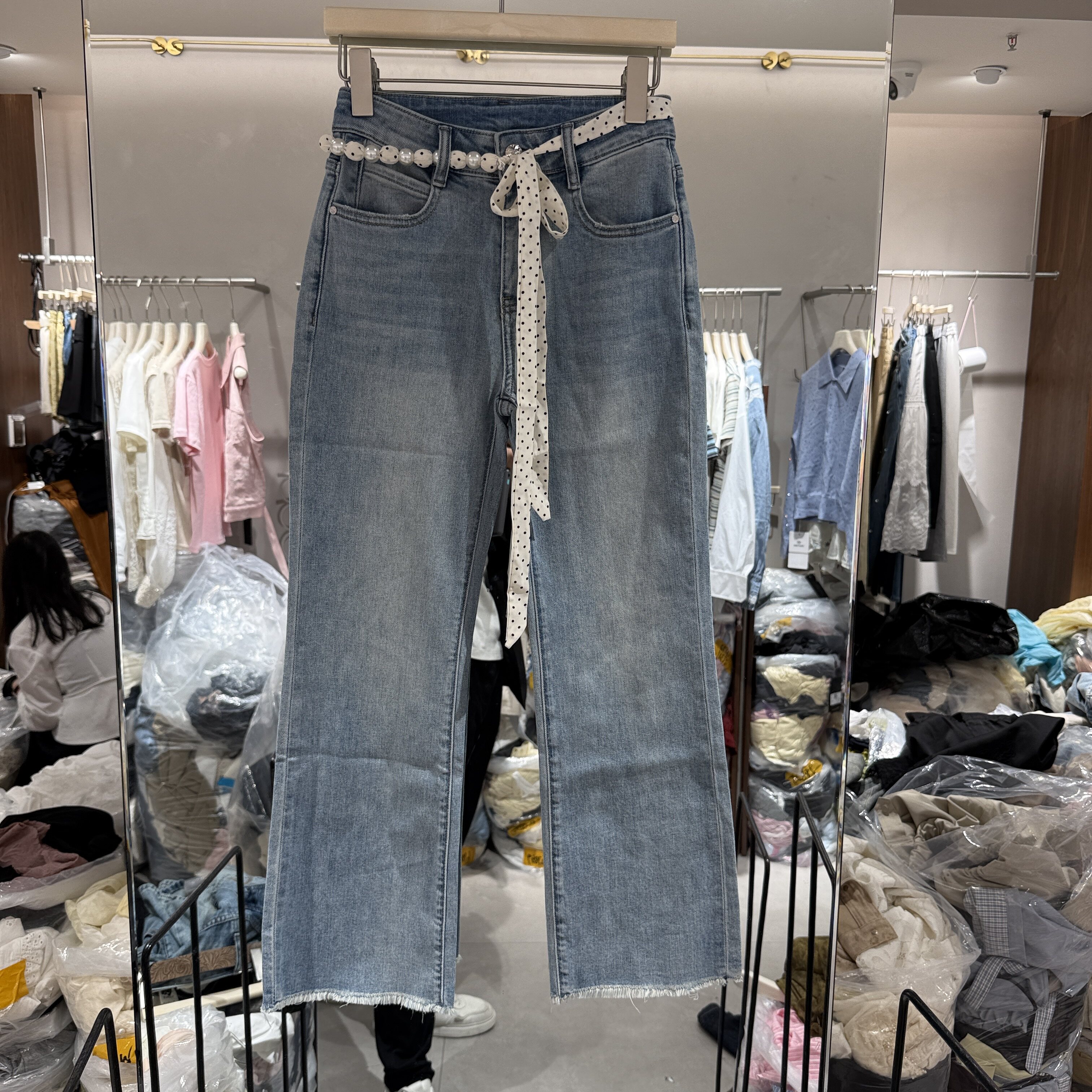欧洲站2026夏款新款腰头丝巾绑带修身显瘦四面弹女士牛仔裤33726