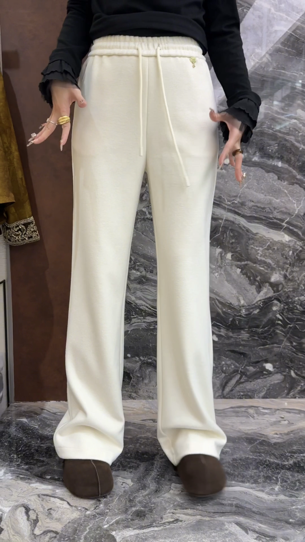 欧洲站2025冬季新款松紧高腰抽绳显瘦百搭女人味加厚毛呢筒喇裤潮