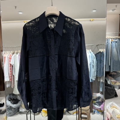 欧洲站2026春季款时尚赫本风翻领蕾丝拼接微透休闲净版衬衫13331