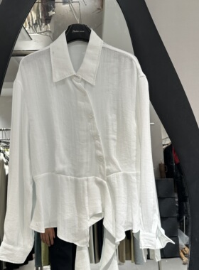 欧洲站2026春季新款翻领下摆不规则百搭透气舒适女亚麻衬衫36500