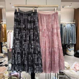 欧洲站2026春季新款松紧高腰复古色花纹百搭大裙摆女士A版伞裙潮