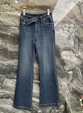 欧洲站2025冬季新款高腰设计感弹力百搭洋气加厚微喇牛仔裤33663