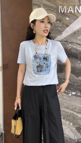 欧洲站2026夏季新款欧货短袖印花串珠边后交叉蕾丝女士T恤衫1607