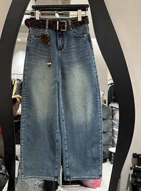 欧洲站2025冬季新款时尚高腰显瘦磨白设计感加厚女士牛仔裤35192