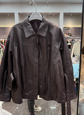 欧洲站2025秋冬新款翻领单排扣腰带收腰轻奢绵羊皮长袖外套86038