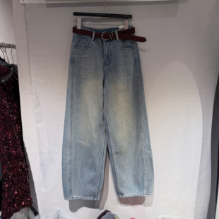 欧洲站2025冬季新款高腰腰带款宽松显瘦百搭加厚直筒牛仔裤99505