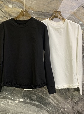 欧洲站2025冬季新款圆领木耳边拼接纯色简约百搭长袖上衣女71568