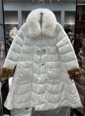 欧洲站2025冬季新款新中式盘扣国风提花小众中长款白鹅绒服25859