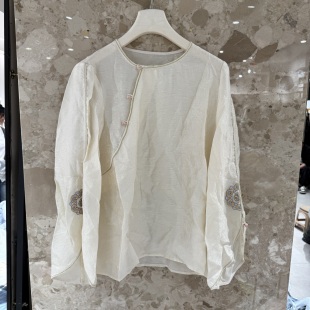 国风衬衫 圆领斜襟盘扣刺绣百搭年轻款 上衣6c25 新款 欧洲站2026春季