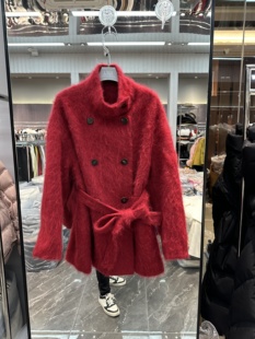 欧洲站2025冬季新款立领双排扣腰带收腰纯色中长款拉毛羊绒大衣女