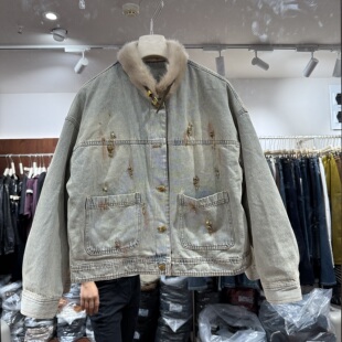 可可家欧货2026冬款水貂毛领钉钻百搭宽松水洗牛仔鹅绒服外套8606