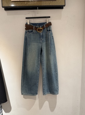 欧洲站2025冬季新款高腰皮带款显瘦百搭宽松加厚直筒牛仔裤33672