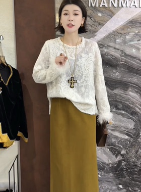 欧洲站2025秋冬新款圆领拼接羽毛宽松百搭长袖蕾丝衫女上衣68555