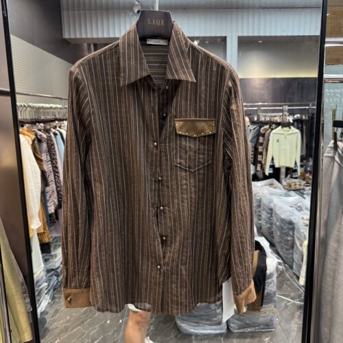 可可家欧货2026秋新品翻领金属扣百搭宽松韩系风竖条纹衬衫女2171