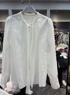 欧洲站2025秋冬新款圆领排扣飘带植绒印花时尚百搭长袖衬衫65676