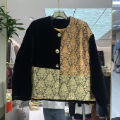 圆领单排扣宽松百搭国风拼接丝绒长袖 欧洲站2025秋季 新款 外套Y532