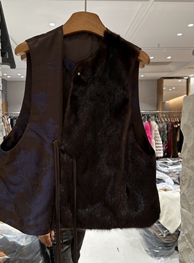 欧洲站2025秋冬新款国风复古斜襟水貂毛拼接轻薄款无袖马甲98075
