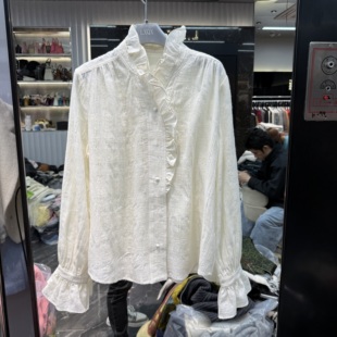 25228 衬衫 欧洲站2025秋冬新款 木耳边立领单排扣百搭澳洲羊毛长袖