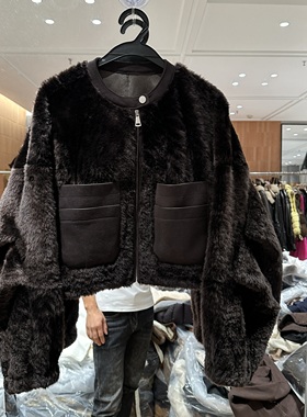 欧洲站2025冬季新款圆领拉链款拉贡皮毛一体洋气百搭保暖外套8086