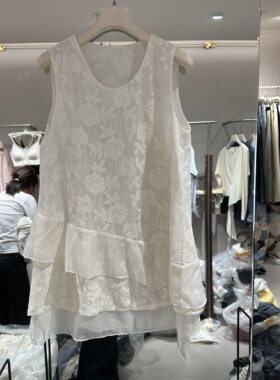 欧洲站2026春季新款U领荷叶边绣花好看清纯无袖蕾丝连衣裙女86071