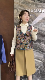 无袖 鸡心领撞色提花百搭年轻款 女士国风马夹潮 新款 欧洲站2025冬季