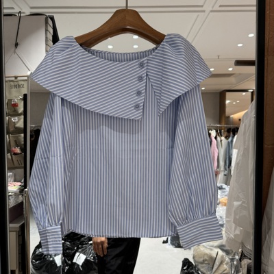 欧洲站2026春季款洋气领荷叶边百搭显瘦文艺感女竖条纹衬衫16803