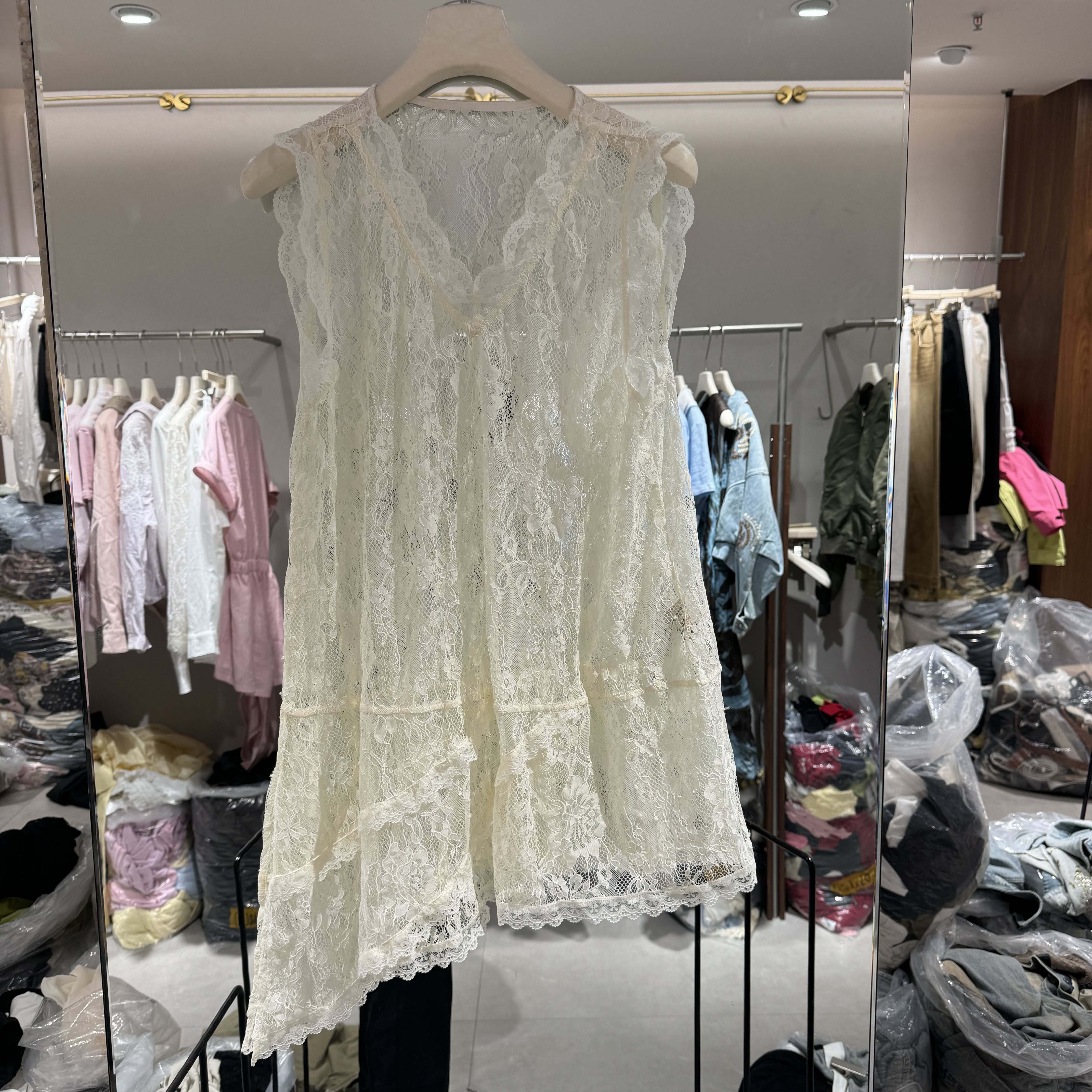 欧洲站2026夏季新款鸡心领下摆不规则显瘦单穿内搭款蕾丝衫85017