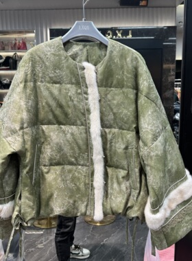 欧洲站2025冬季新款圆领下摆抽绳提花拼水貂长袖保暖棉服女85587