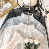 波点全蕾丝上衣女秋冬超仙网纱半高领仙气内搭镂空纱网打底衫 洋气