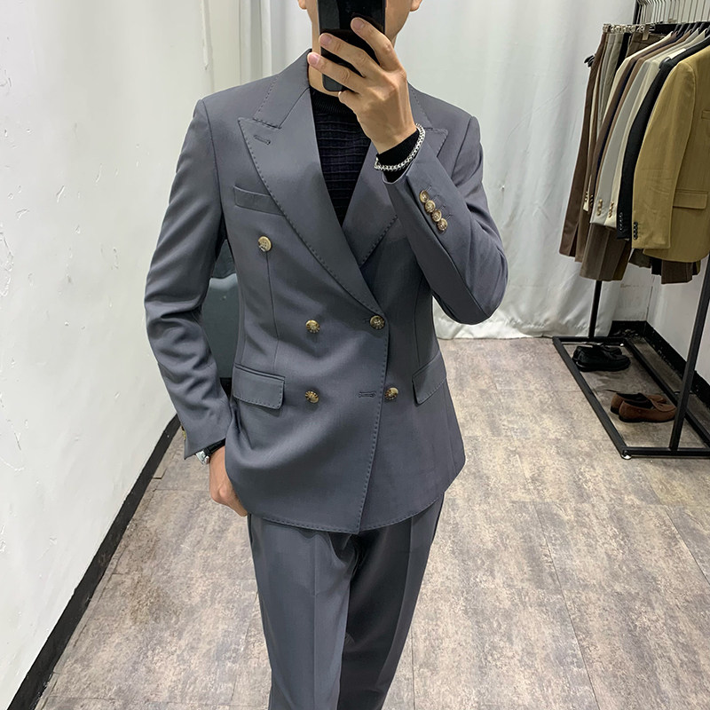 2025新款商务双排扣西服套装男高级感休闲韩版纯色西装正装两件套