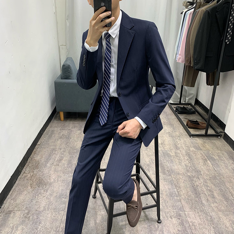 2026春季新款商务休闲条纹西服套装男韩版修身青年时尚西装两件套