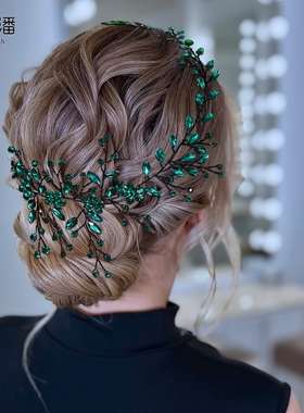 优拉潘新款绿色小清新水钻手工发带新娘婚纱礼服配饰约会头饰HP65