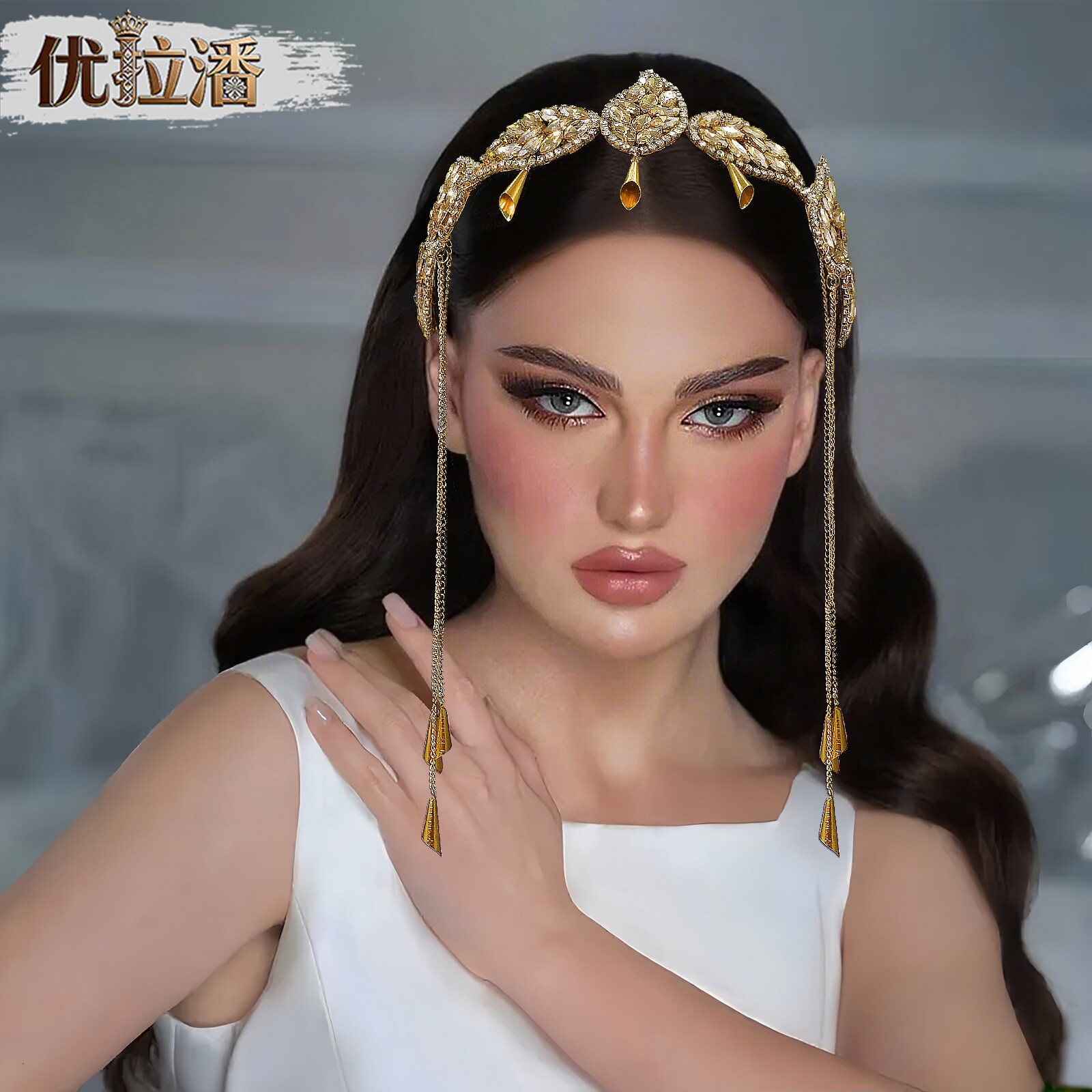 优拉潘 NS365香槟水钻叶片发箍长款垂坠流苏新娘主纱复古宫廷头饰